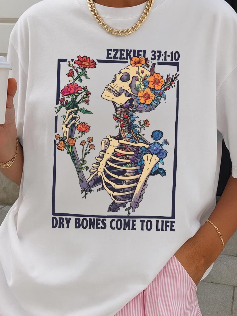White Ezekiel 37:1-10 White Floral Skeleton Art Tee
